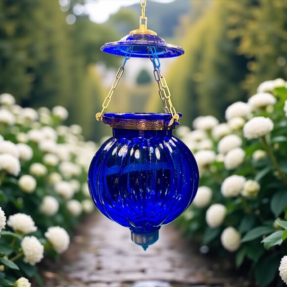 Vintage Cobalt Blue Hundi Glass Lantern-23'' Brass-Bell Pendant Hanging Light - Picture 2 of 13
